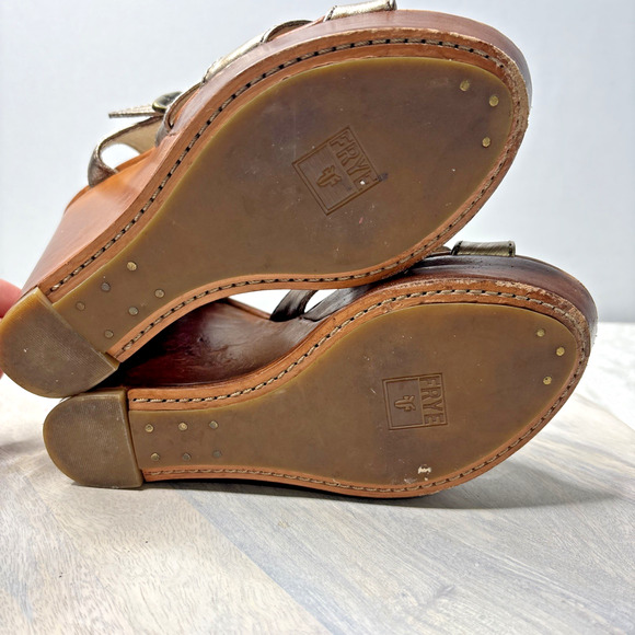 Frye Metallic Leather Wedge Sandals – Bronze Ankle Strap & Wood Platform 7 - Picture 10 of 11